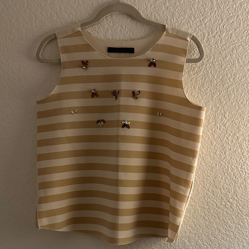 Zara Beige Striped Tank with Jewel Accents